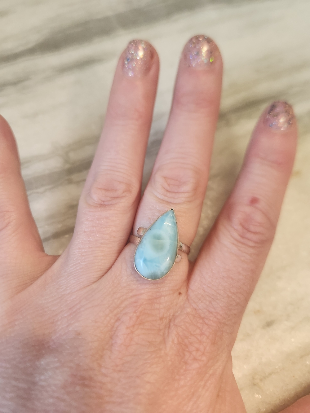 Sterling Silver 925 Large Teardrop Larimar Ring, Adjustable